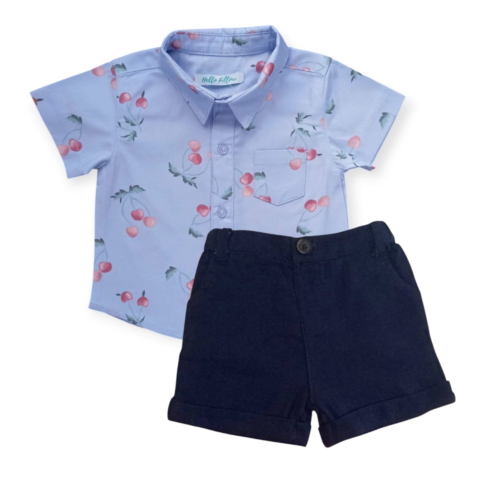 Cherry Print Blue Shirt With Dark Blue Short