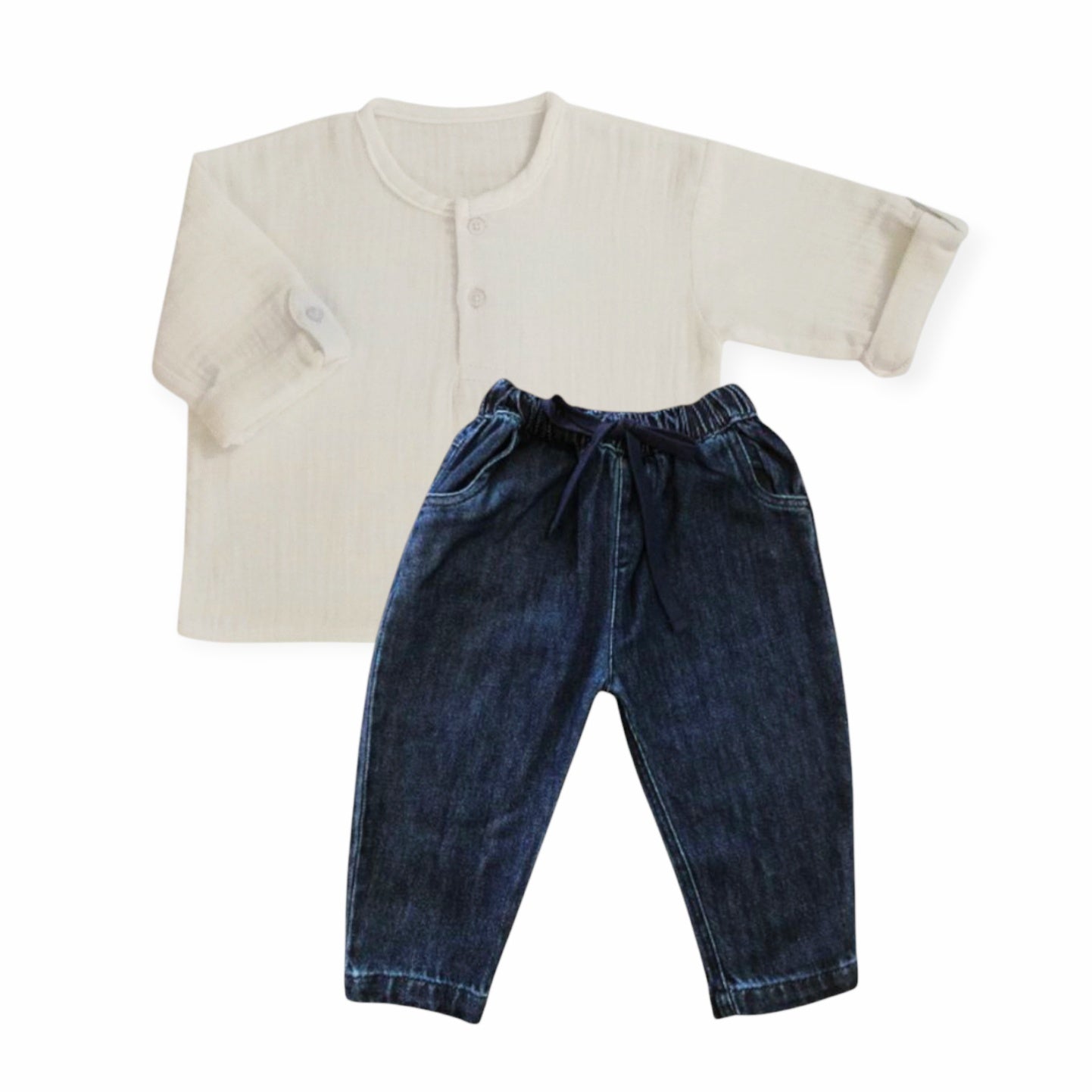 White Round Neck Long Sleeve Shirt With Denim Pant