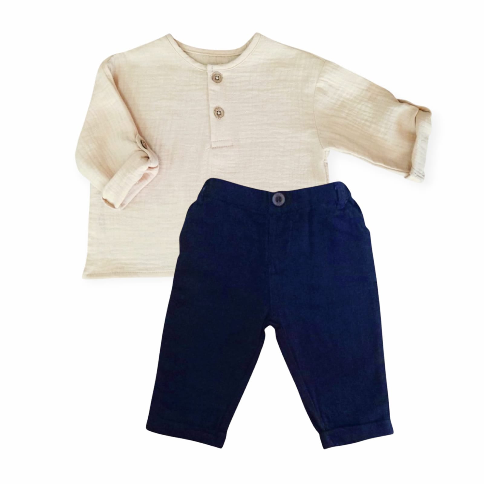 Beige Round Neck Long Sleeve Shirt With Dark Blue Pant