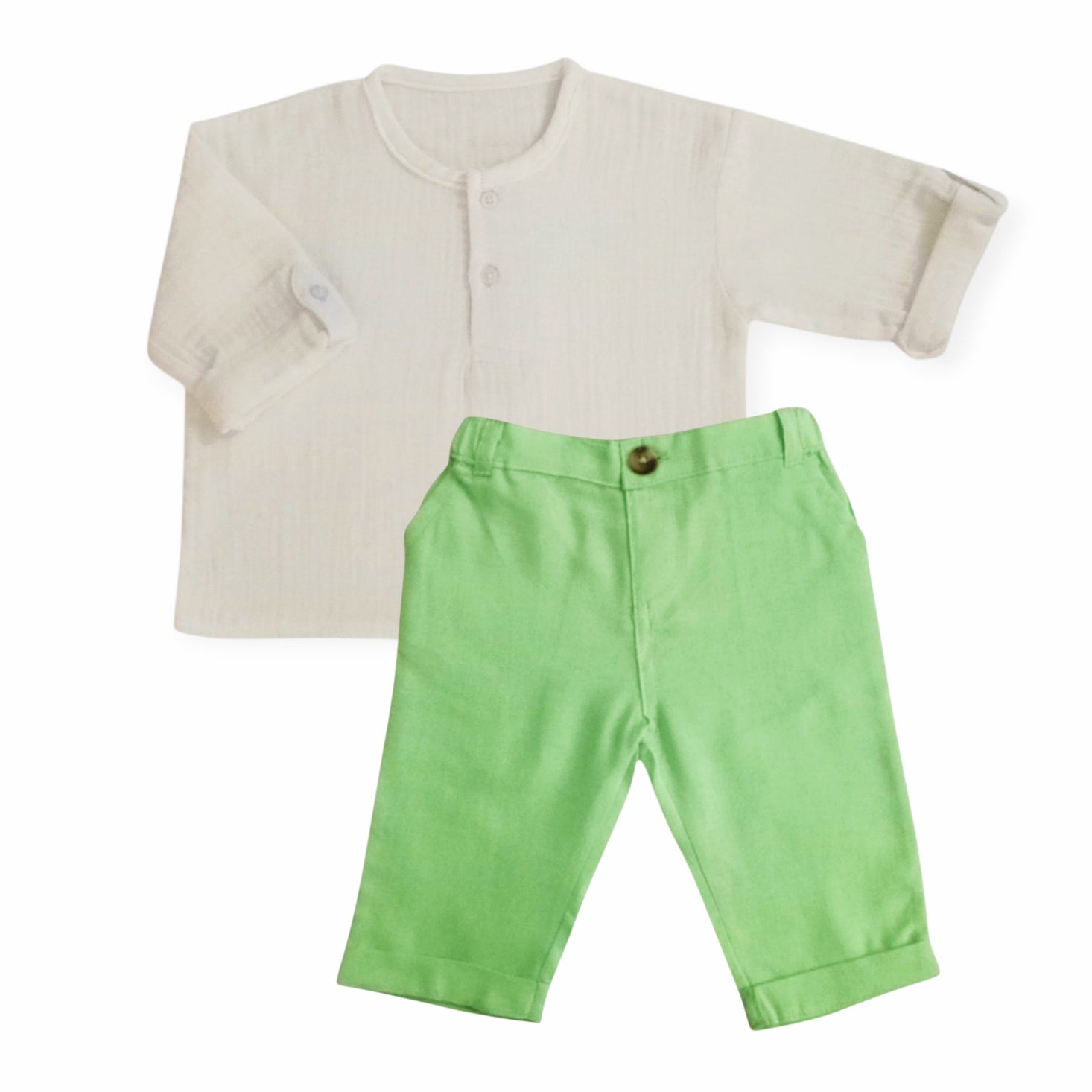 White Round Neck Long Sleeve Shirt With Green Pant