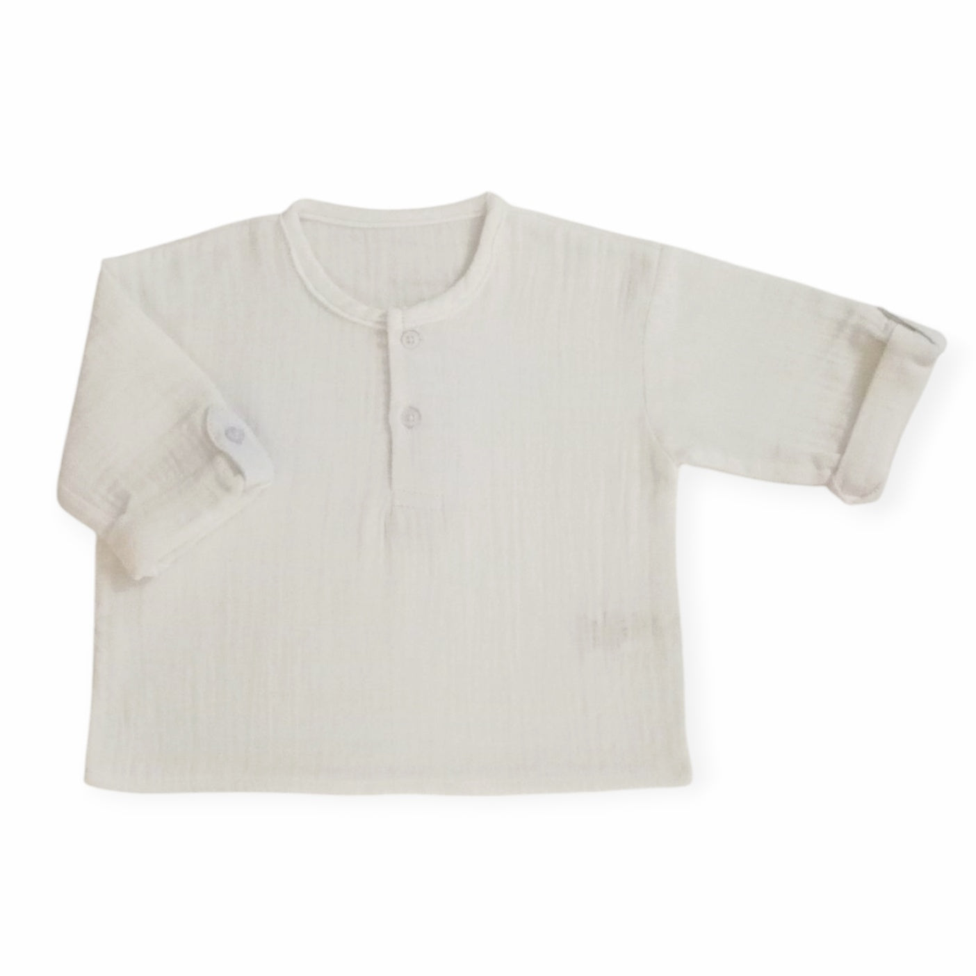 Long Sleeve Round Neck Button Shirt - White