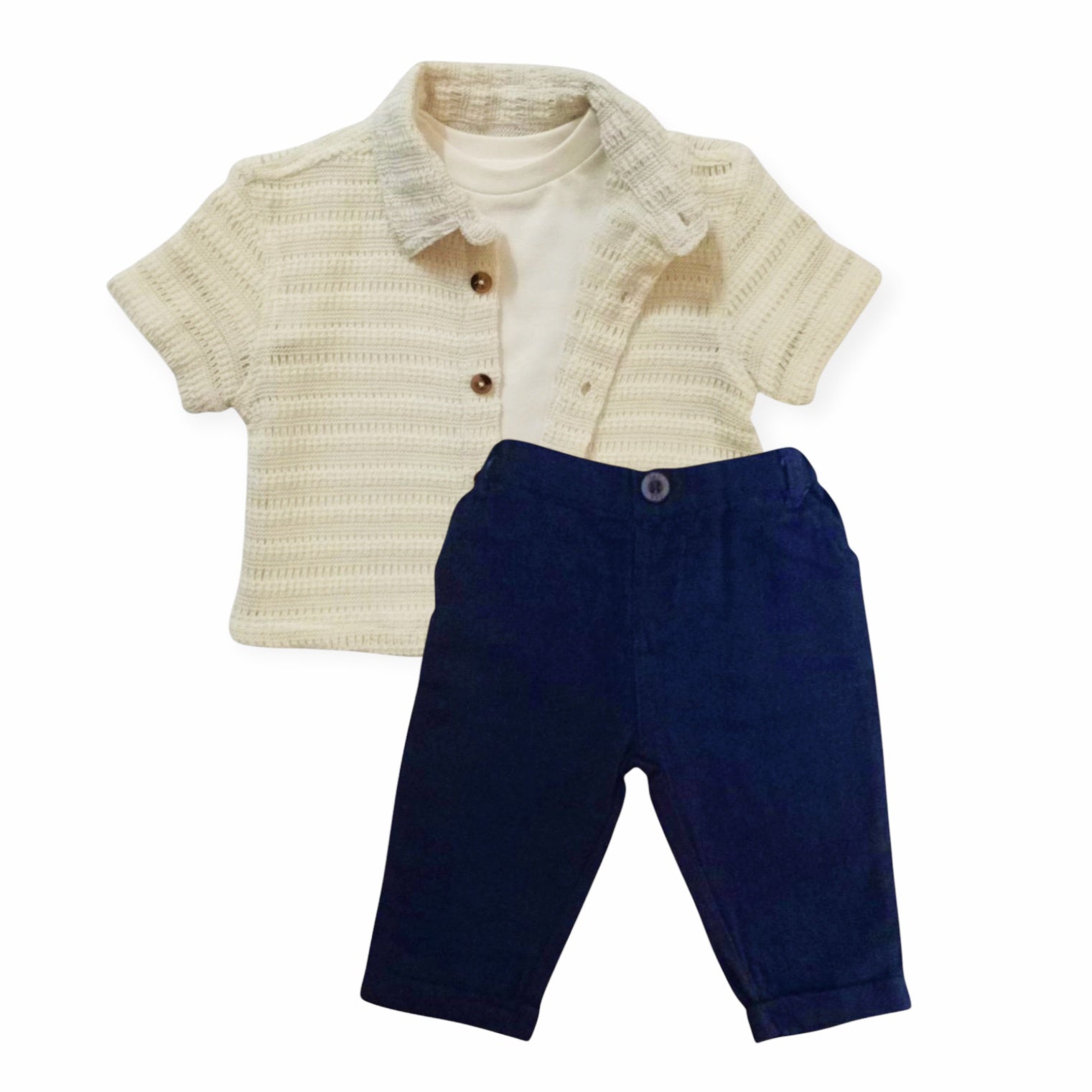 Textured Knit Shirt With T-Shirt & Dark Blue Pant