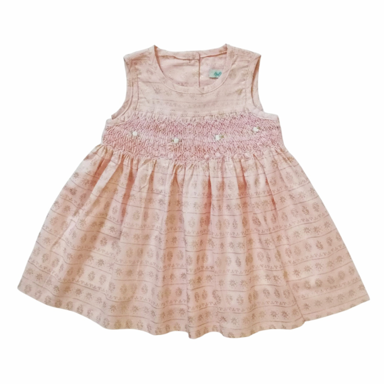 Gold Pattern Sleeveless Smocked Dress - Pink