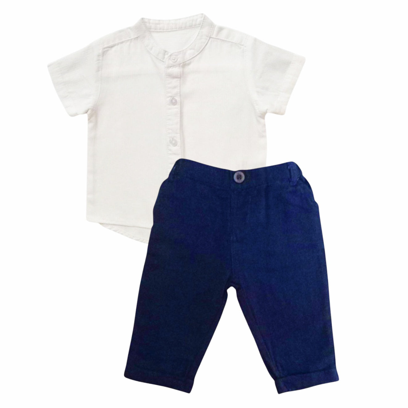 White Chinese Collar Shirt With Dark Blue Pant