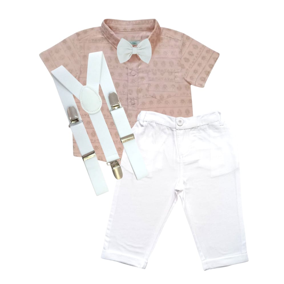 Pink Printed Shirt With White Pant, Bow & Suspender