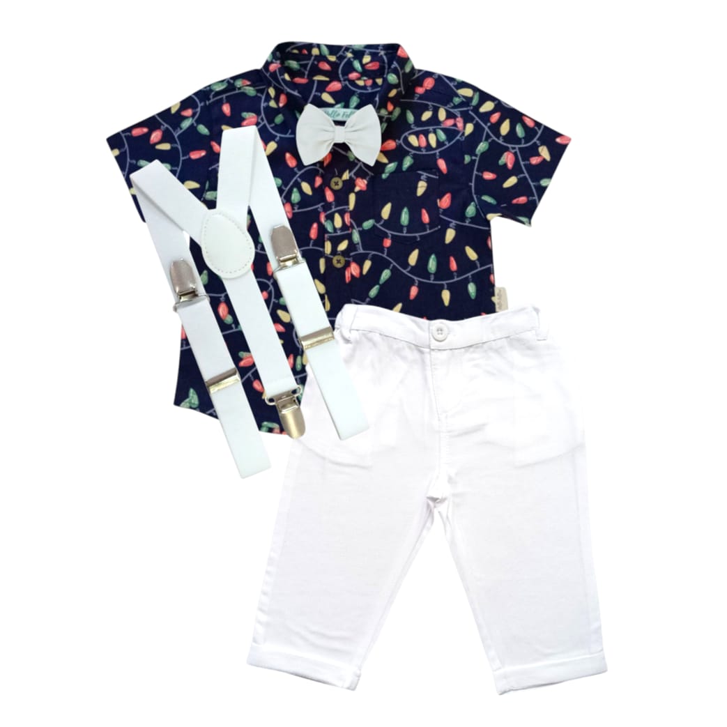Dark Blue Printed Shirt With White Pant ,Bow & Suspender