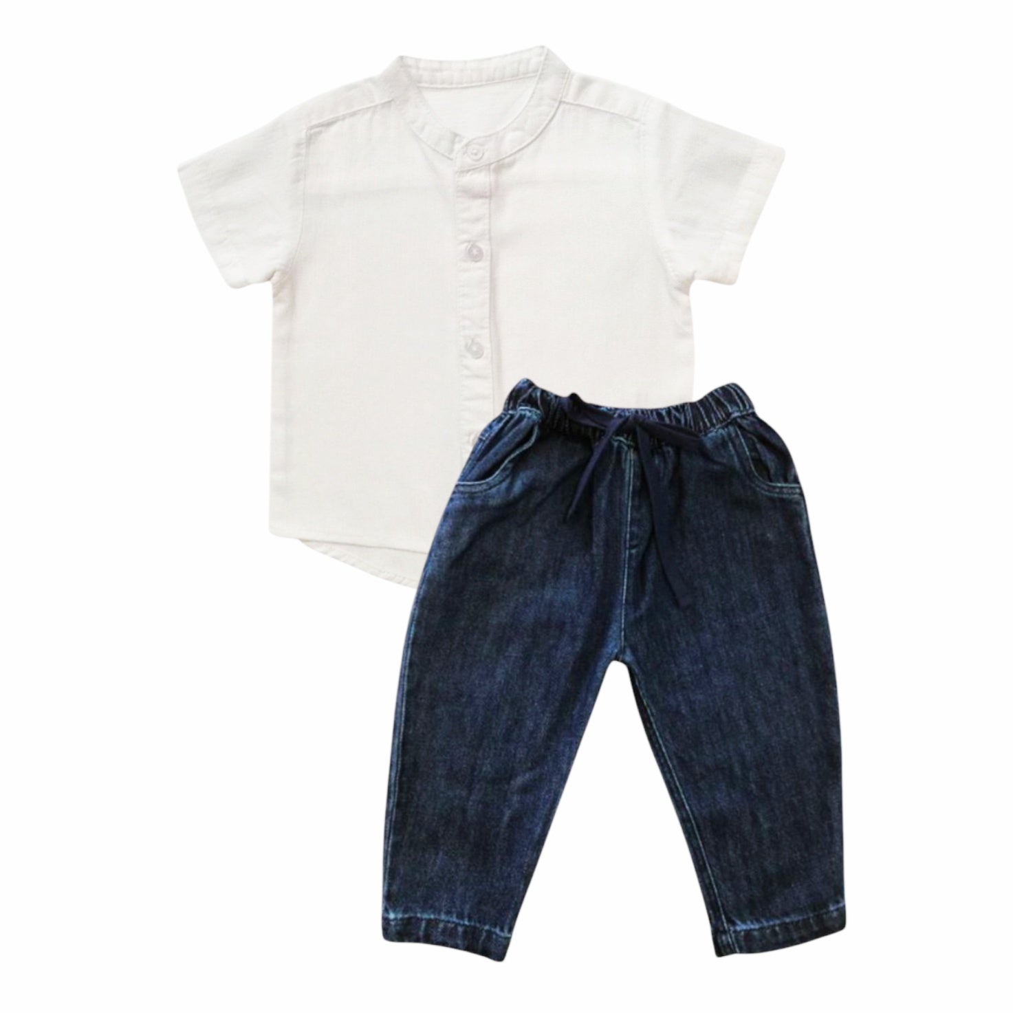 White Chinese Collar Shirt With Denim Pant
