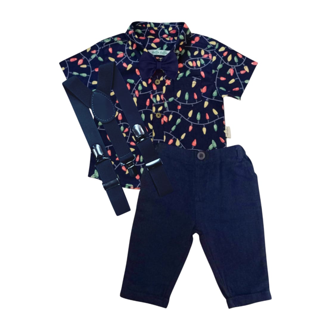 Dark Blue Printed Shirt With Pant, Bow & Suspender