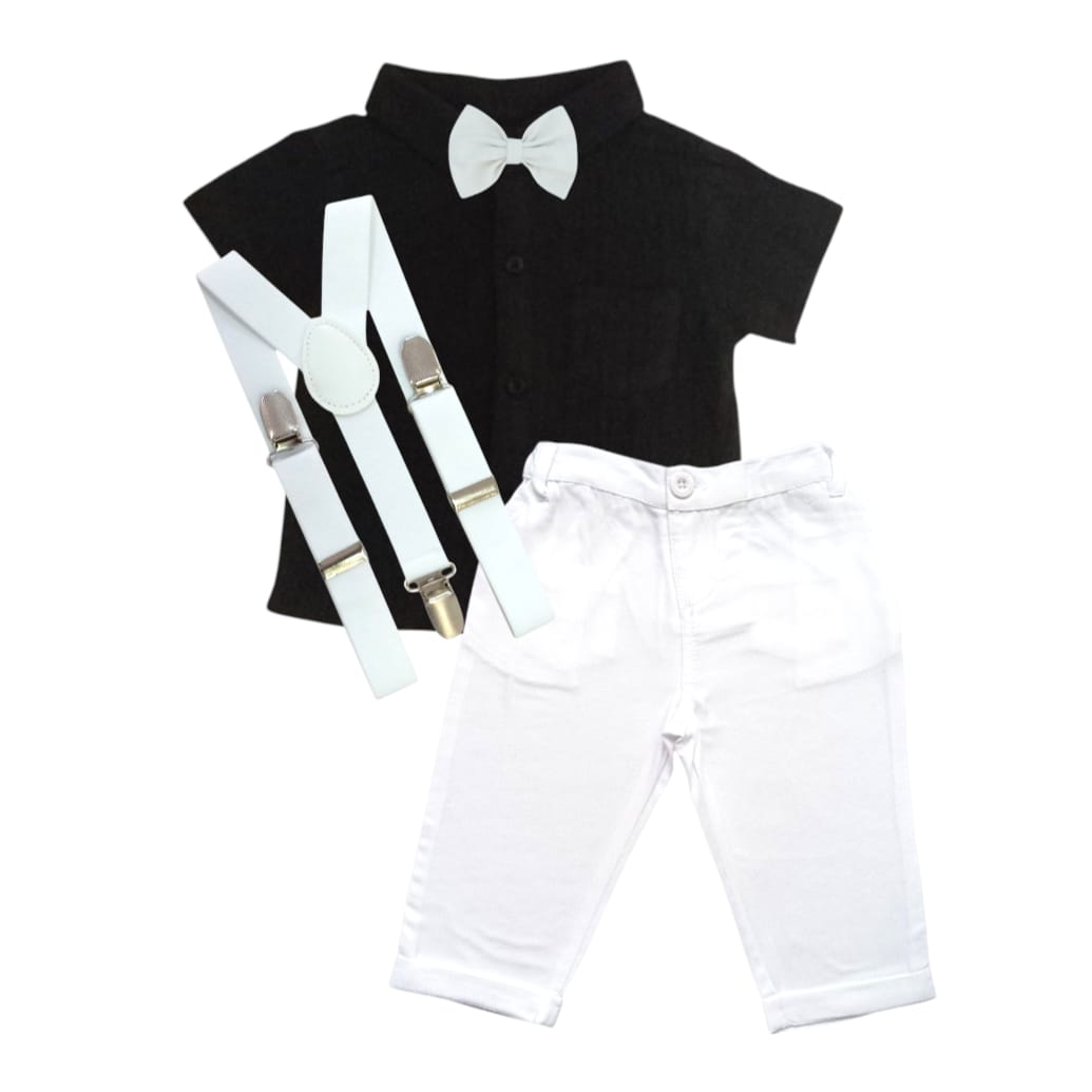 Black Shirt With White Pant, Bow & Suspender