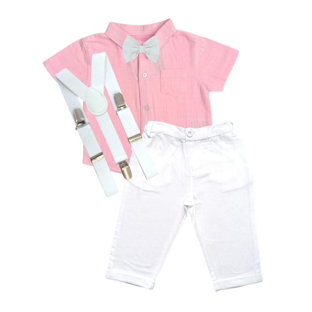 Pink Shirt With White Pant, Bow & Suspender
