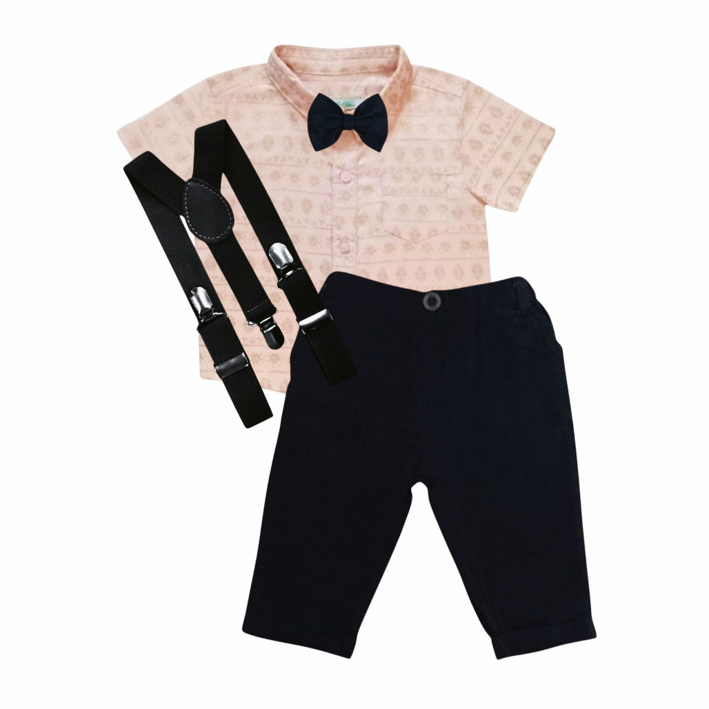 Pink Printed Shirt With Black Pant, Bow & Suspender