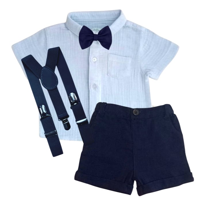 Sky Blue Shirt With Dark Blue Short, Bow & Suspender