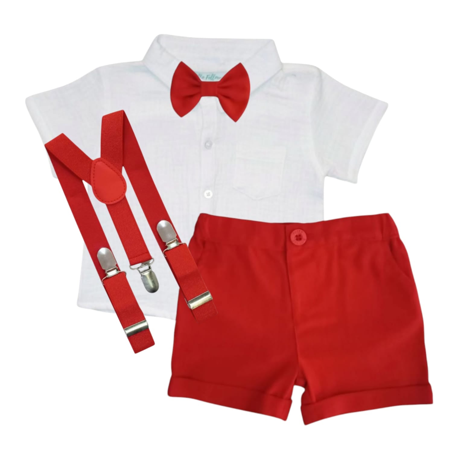 White Shirt With Red Short Short, Bow & Suspender