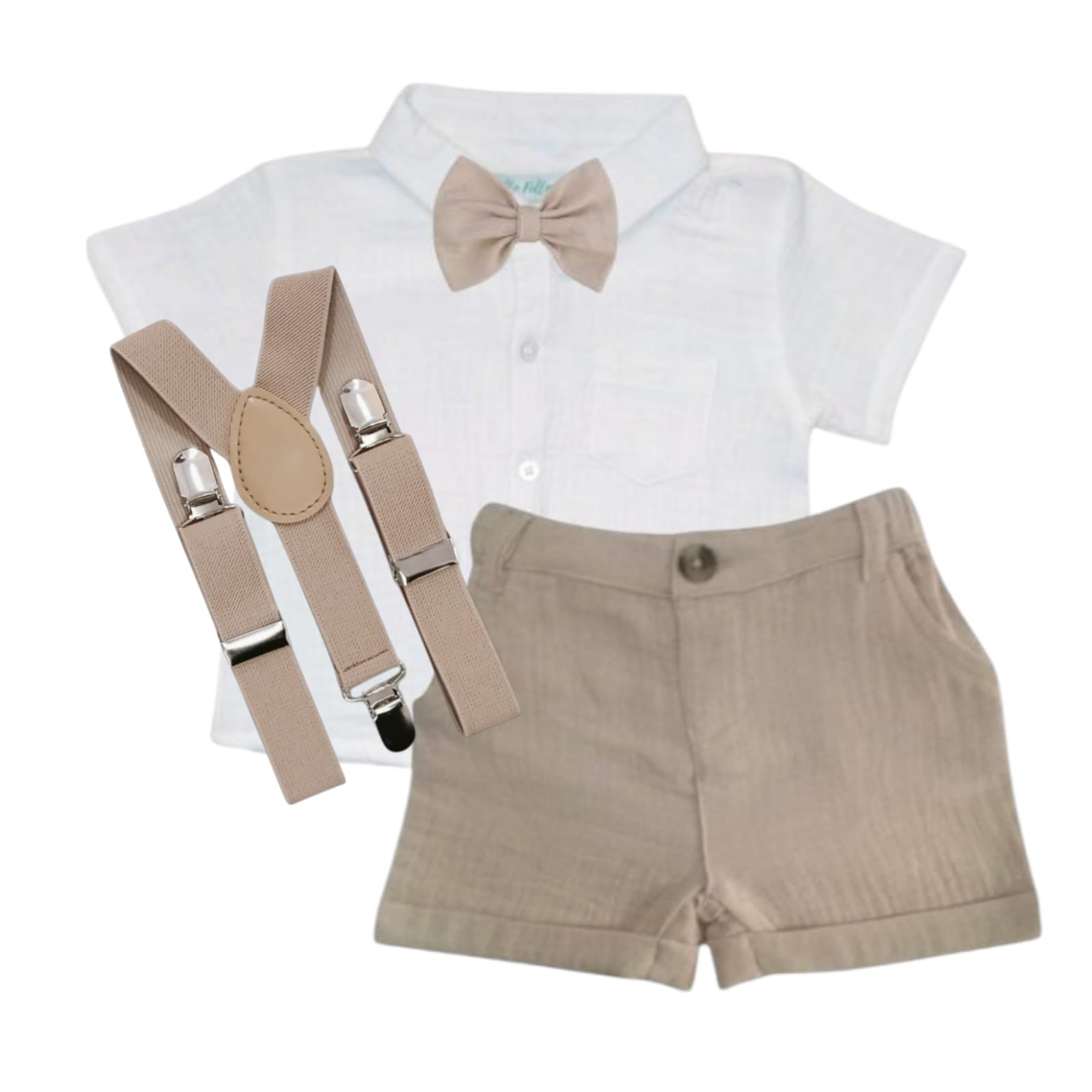 White Shirt With Beige Short, Bow & Suspender