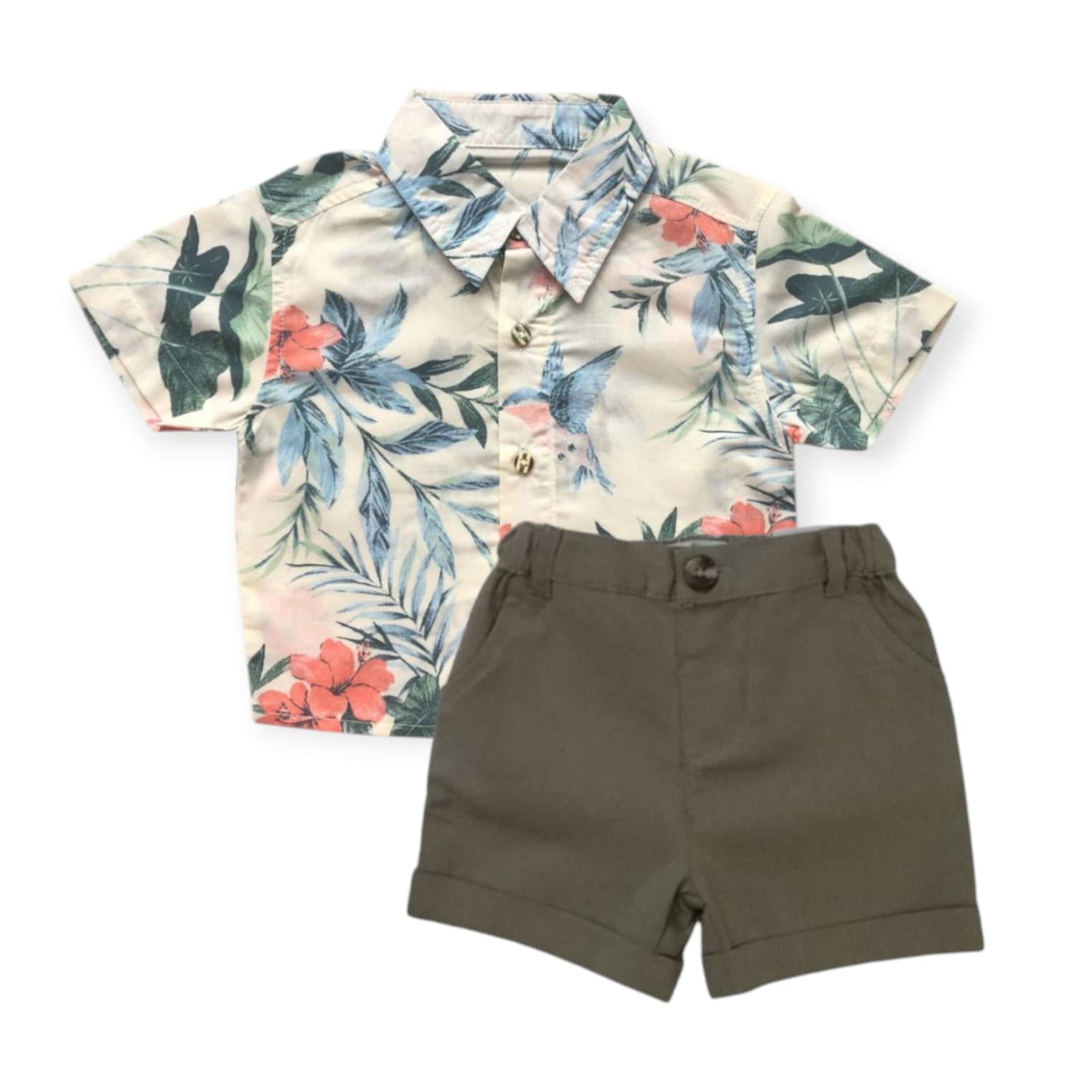 Floral Shirt With Short - Olive Green