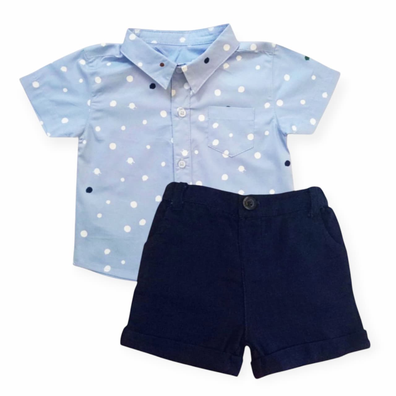 Sky Blue Polka Dot Shirt With Dark Blue Short
