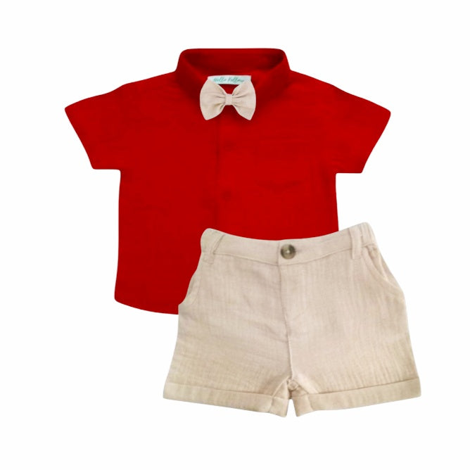 Red Shirt With Beige Short & Bow