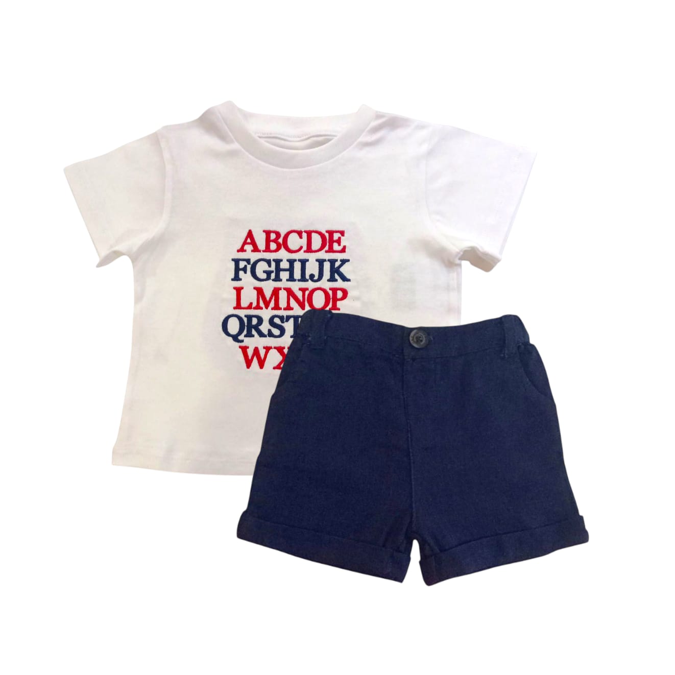 Alphabet Embroidered T-Shirt With Dark Blue short