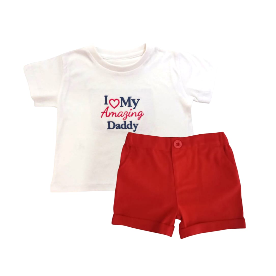 "I Love My Amazing Daddy" Embroidered T-Shirt With Red Short