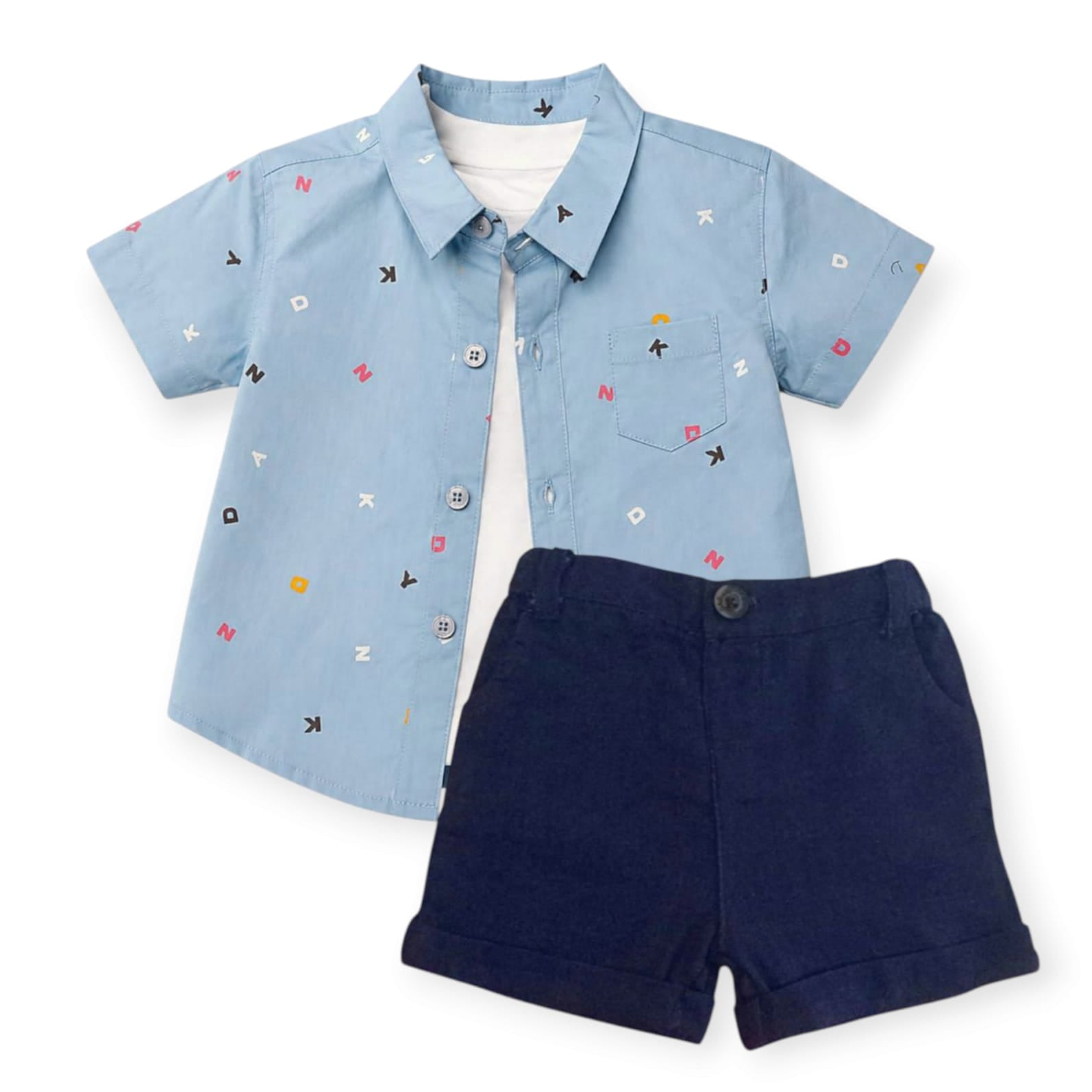 Printed Shirt With White T-Shirt & Dark Blue Short