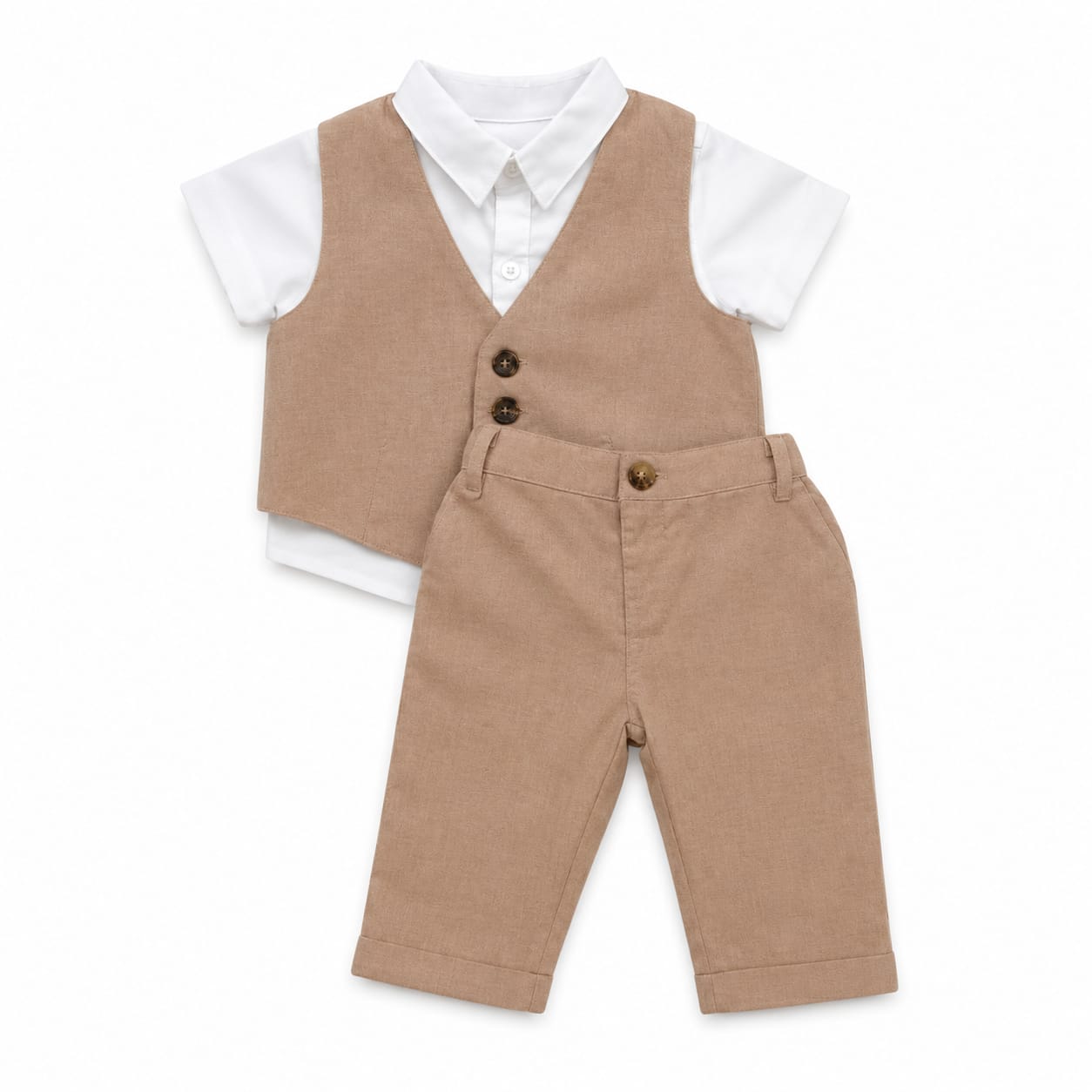 White Shirt With Beige Waist Coat & Pant