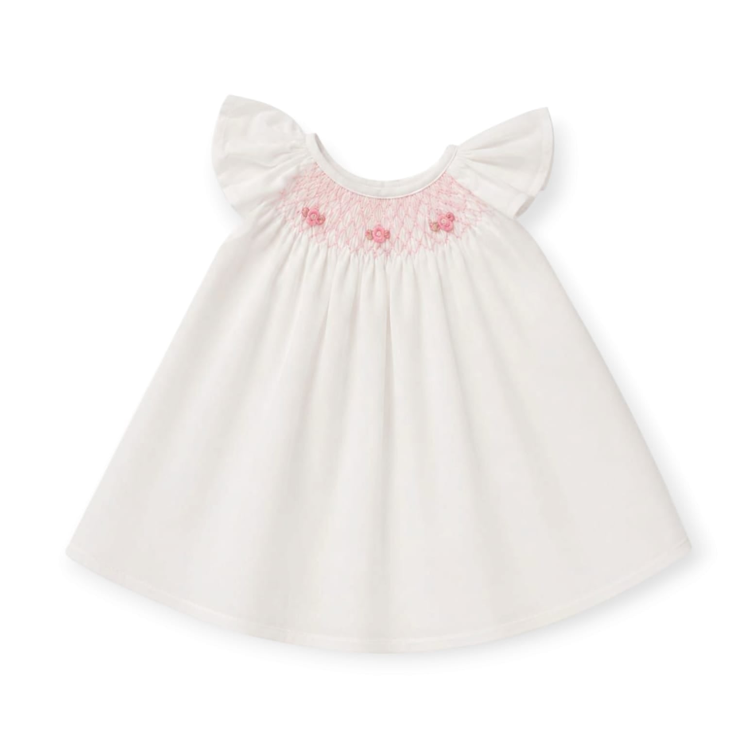 Smocked Flutter Newborn Dress - White