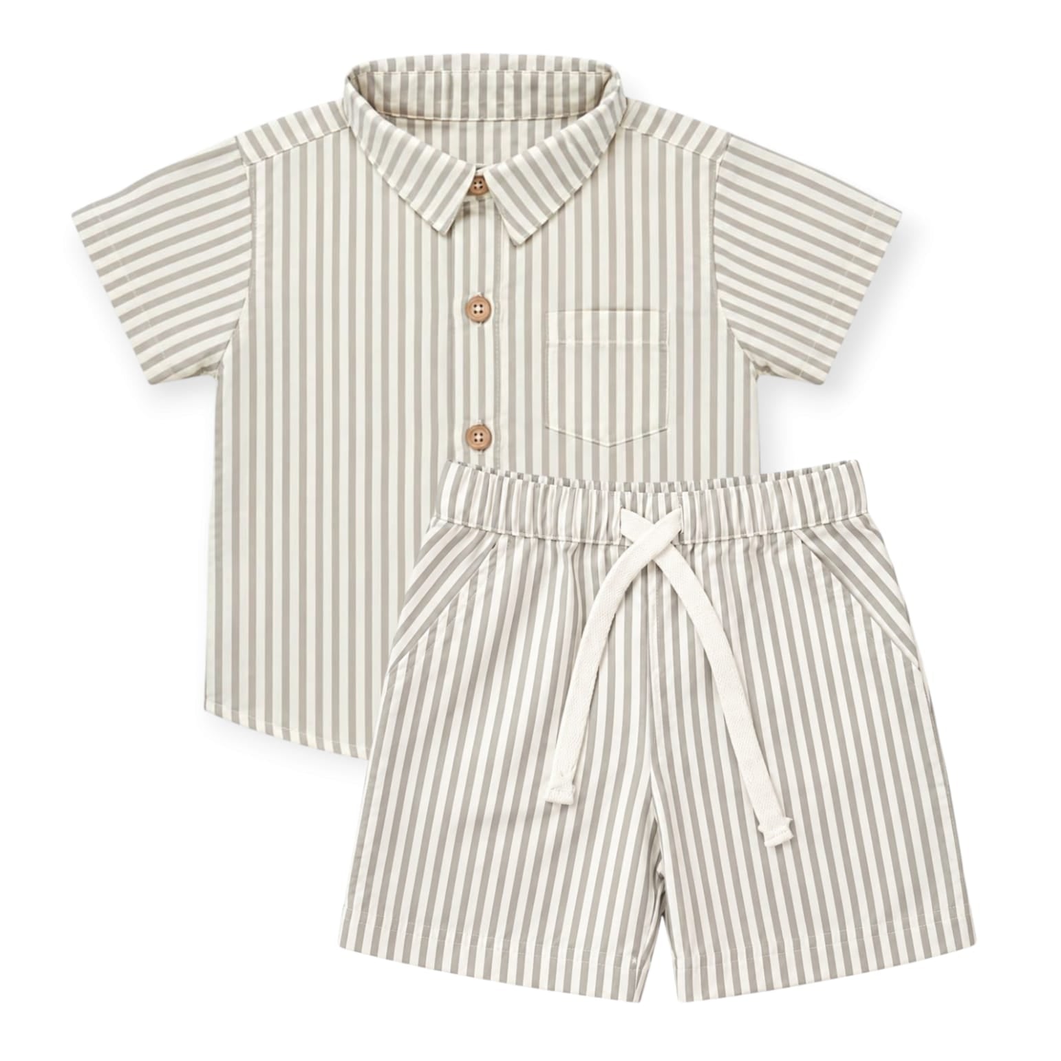 Gray Stripe Shirt With Short Set