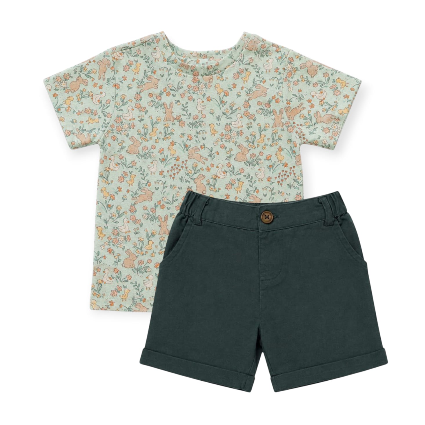 Bunny & Duck Floral T-Shirt With Dark Green Short