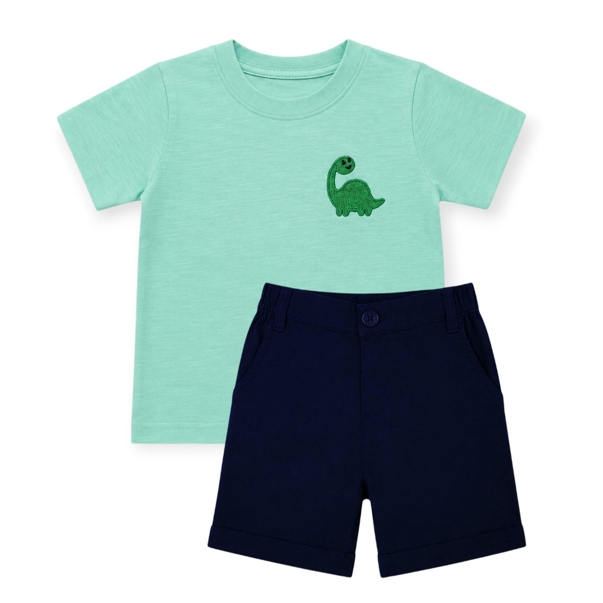 Dino Embroidered Mint Green T-Shirt With Dark Blue Short