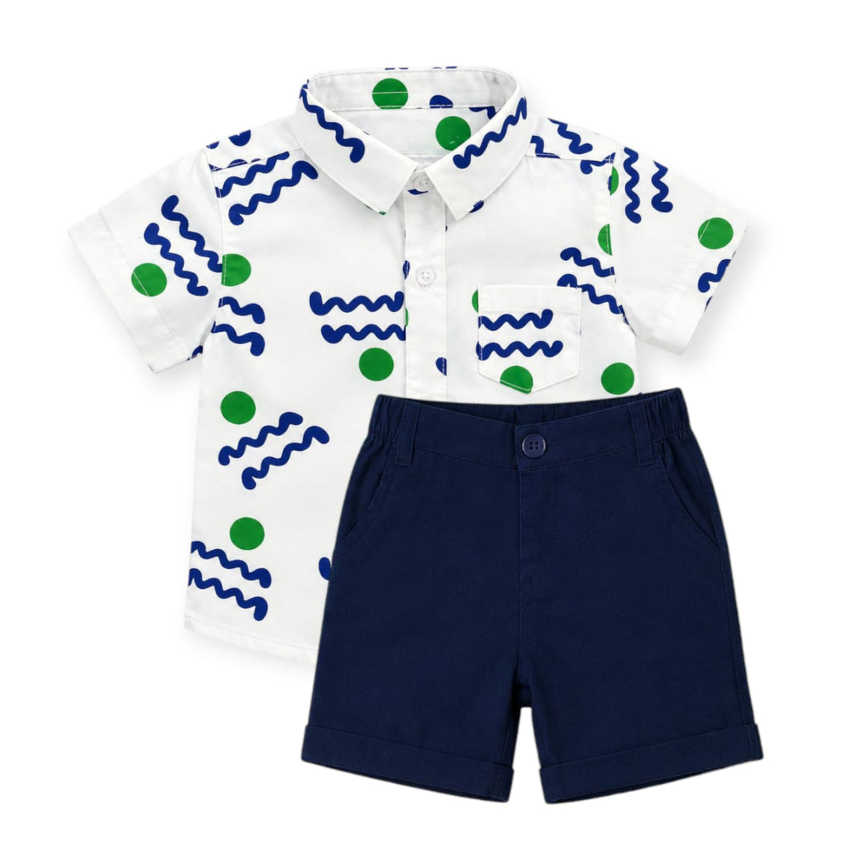 Dot & Wave Print Shirt With Dark Blue Short