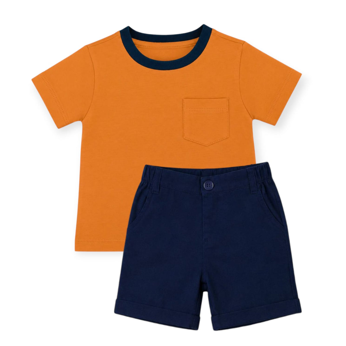 Orange Pocket T-Shirt With Dark Blue Short