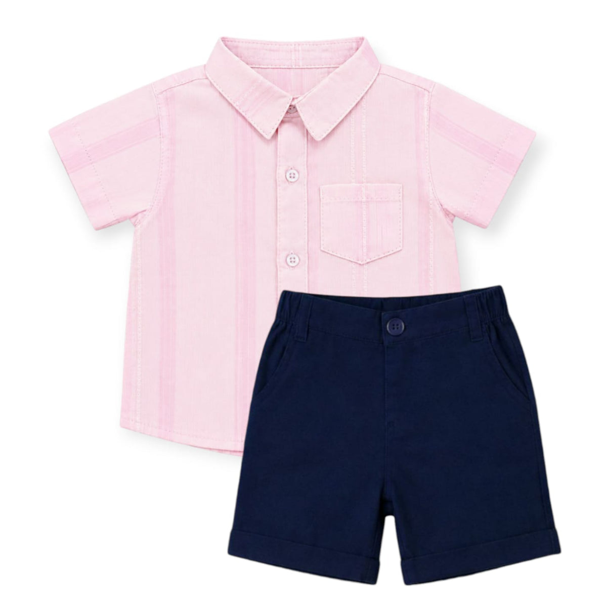 Pink Dobby Stripe Shirt With Dark Blue Short