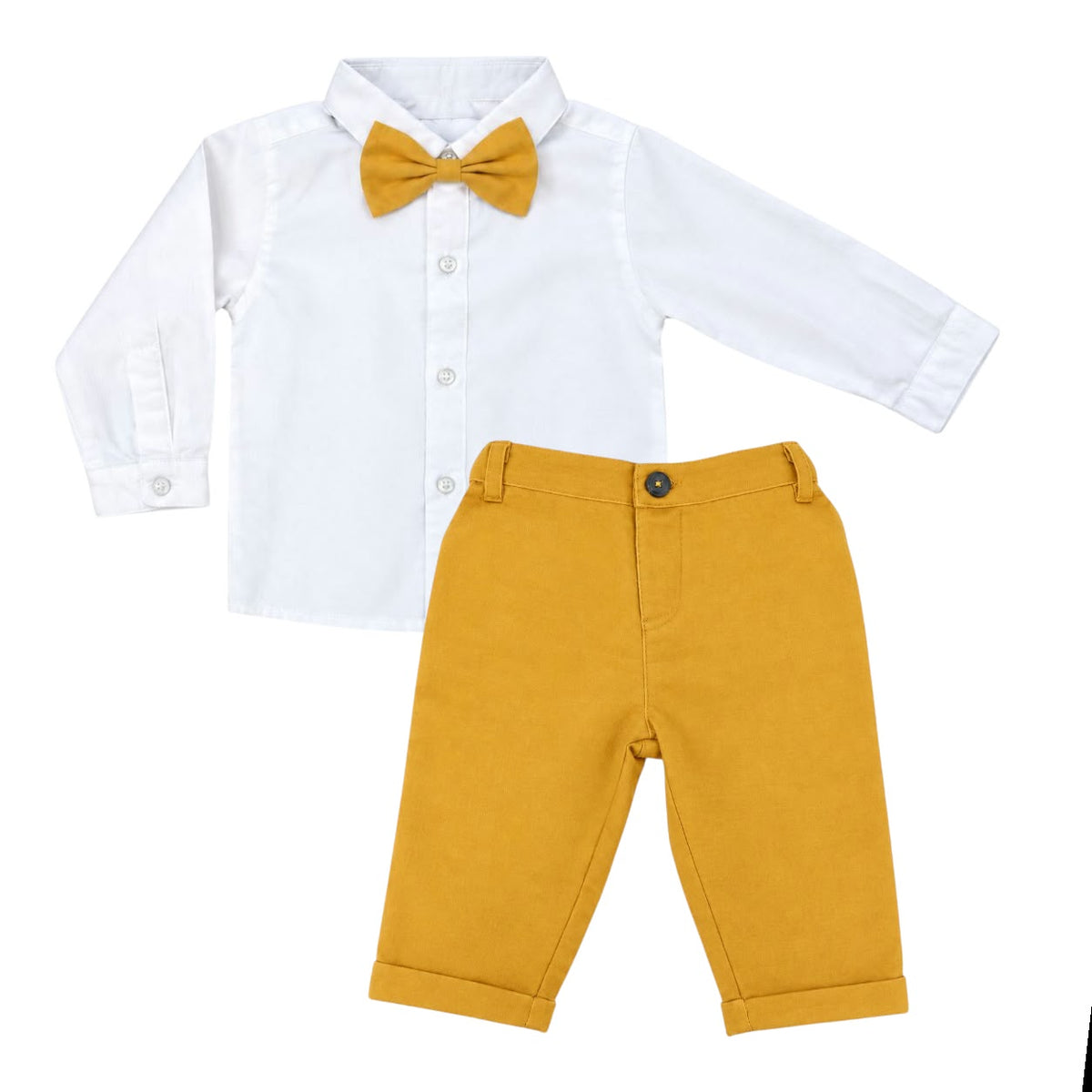 White Long Sleeve Shirt & Mustard-Yellow pant with Bow