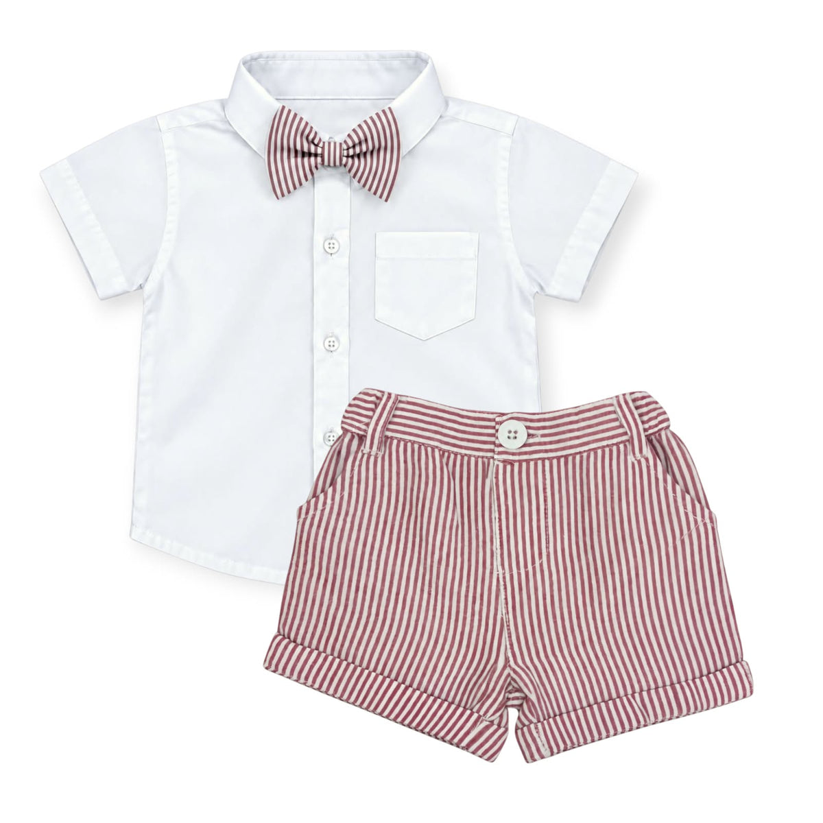 White Shirt with Maroon Stripe Linen Short & Bow