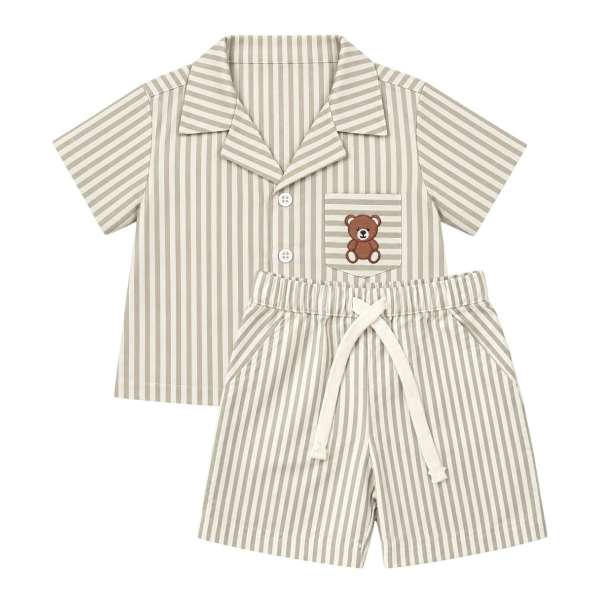 Bear Embroidered Gray Stripe Shirt with Short