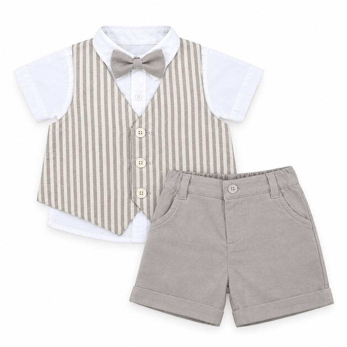 White Shirt with Gray Stripe Waist Coat, Short & Bow