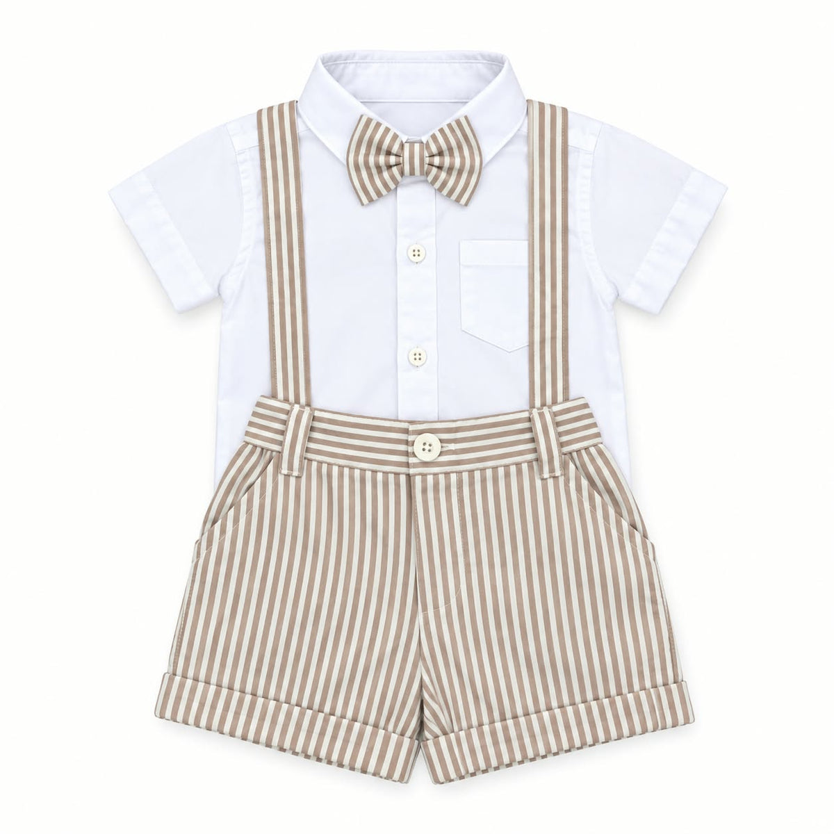 White Shirt, Brown Stripe Short & Suspender with Bow