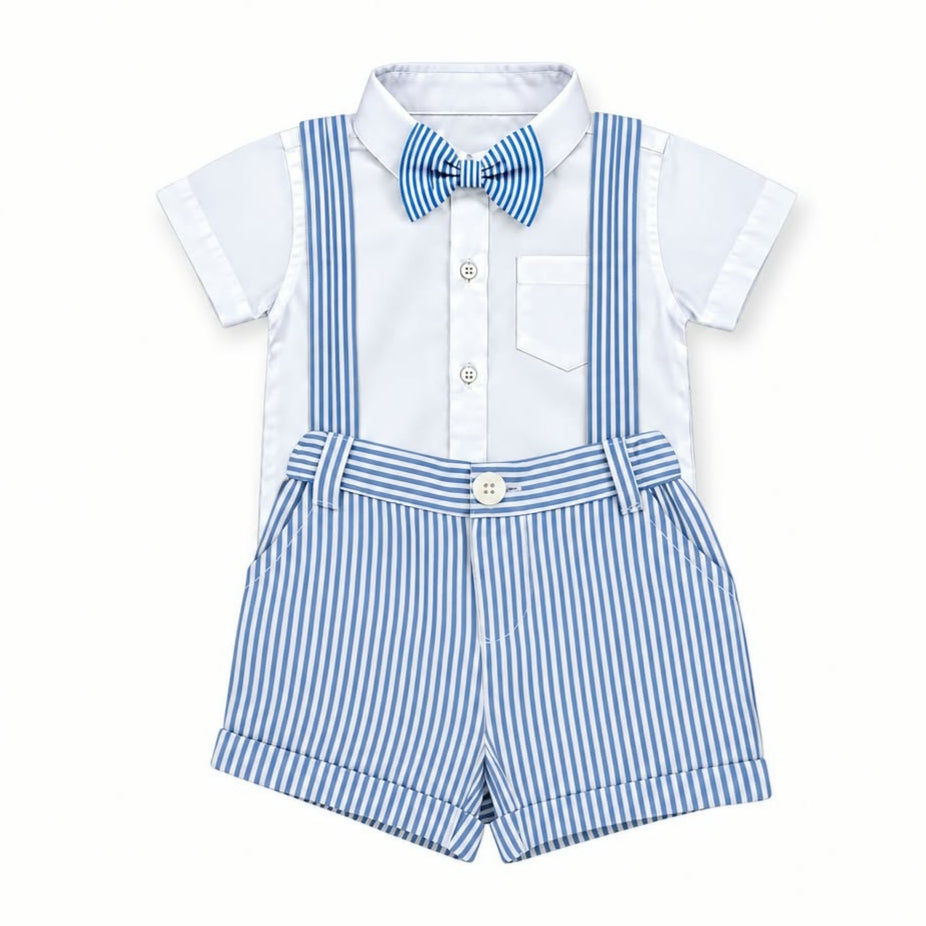 White Shirt, Blue Stripe Short & Suspender with Bow