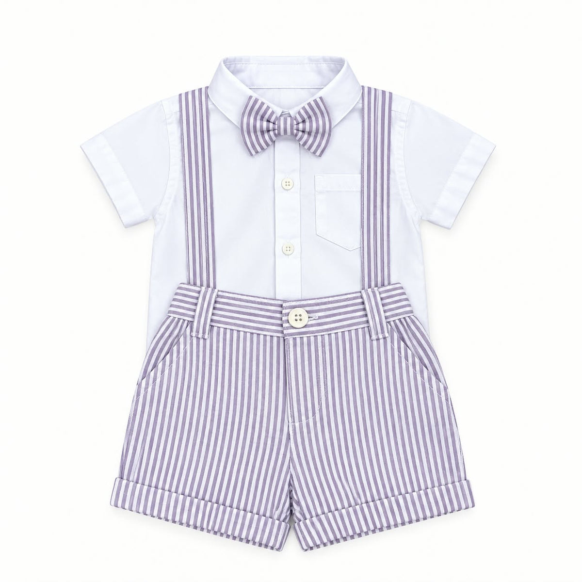 White Shirt, Purple Stripe Short & Suspender with Bow