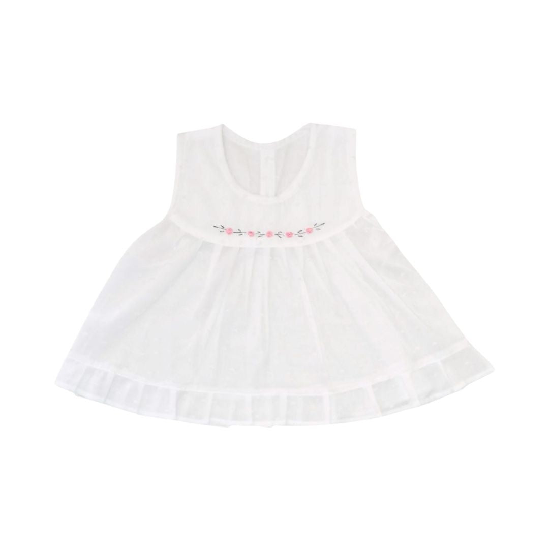 Baby Girl Dress with Small Floral Hand Embroider - White
