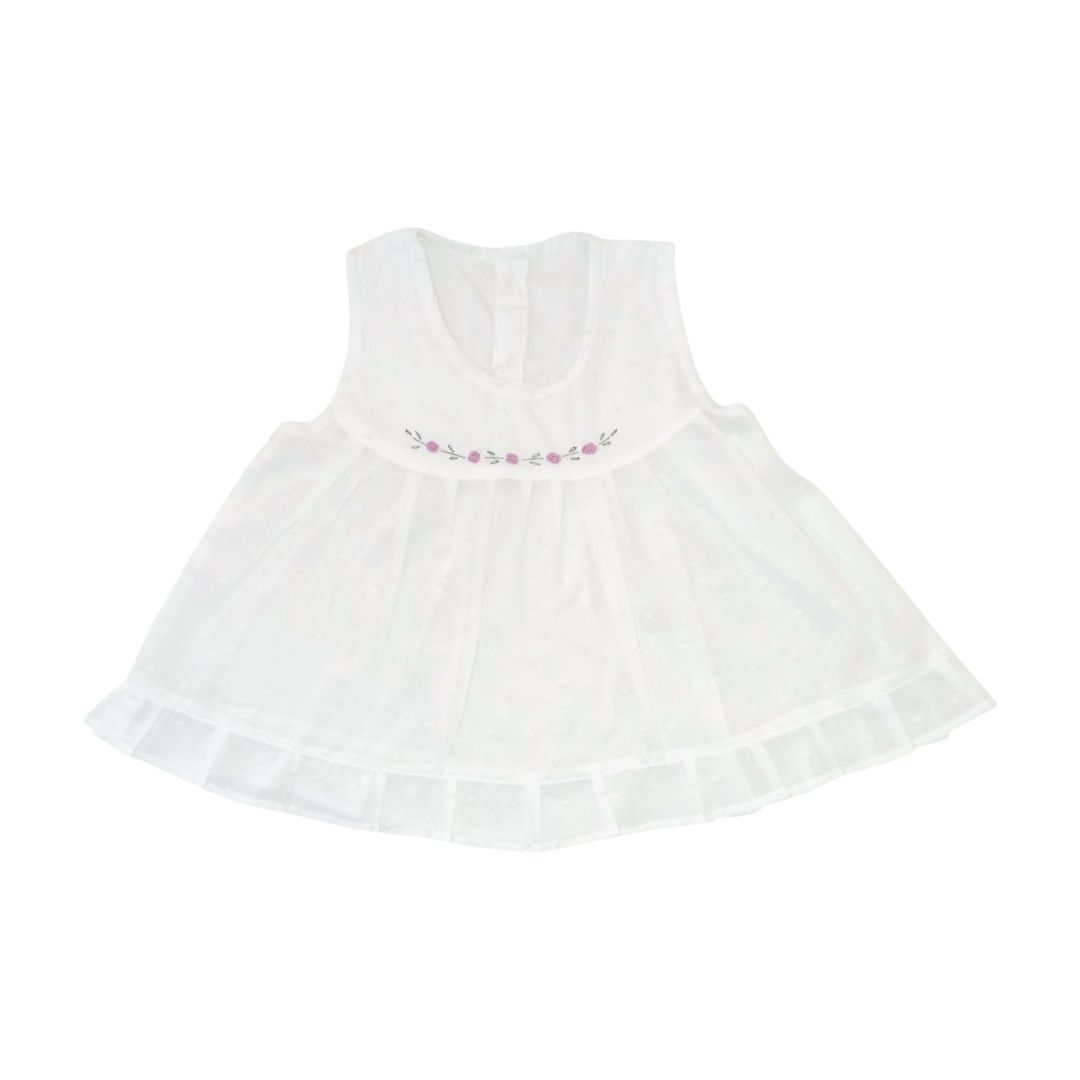 Baby Girl Dress with Small Floral Hand Embroider - White