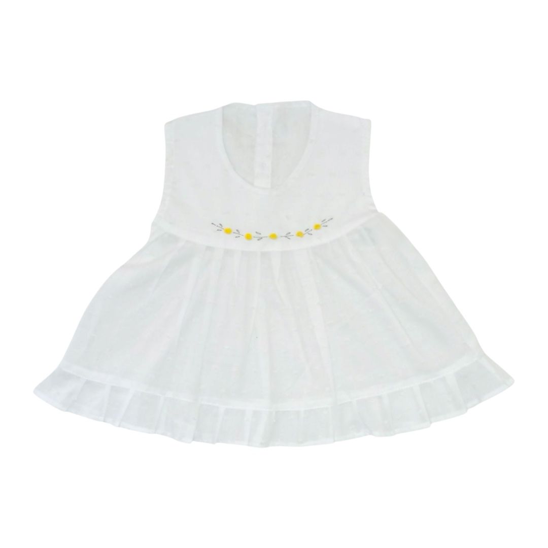 Baby Girl Dress with Small Floral Hand Embroider - White