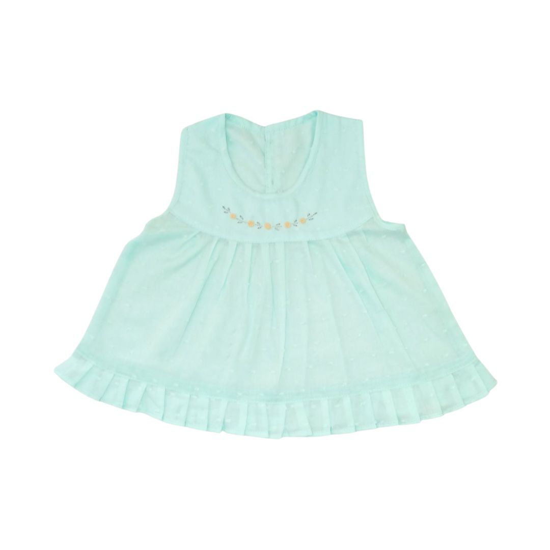 Baby Girl Dress With Small Floral Hand Embroider - Mint Green