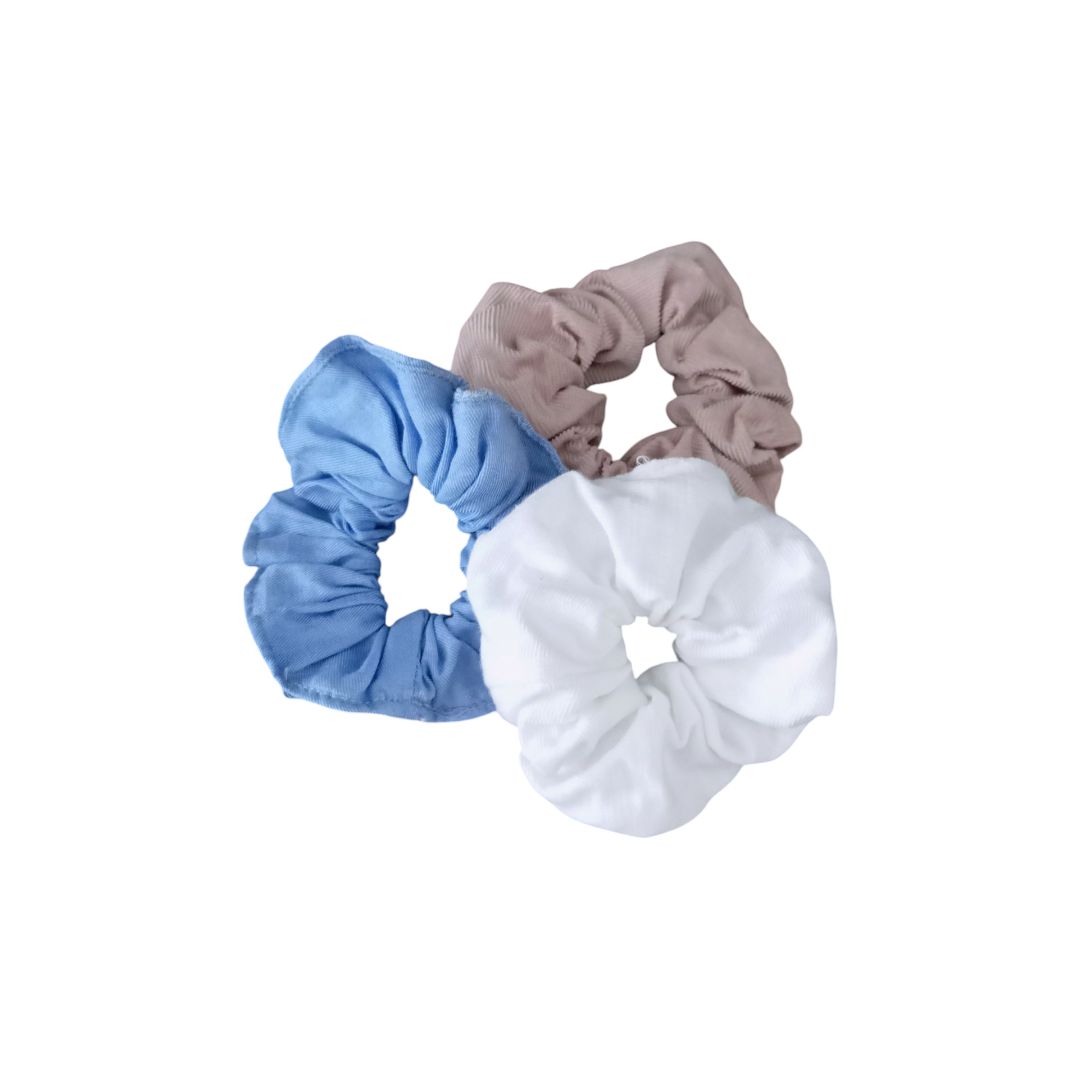Scrunchies 3pcs Set - Blue, Beige & White