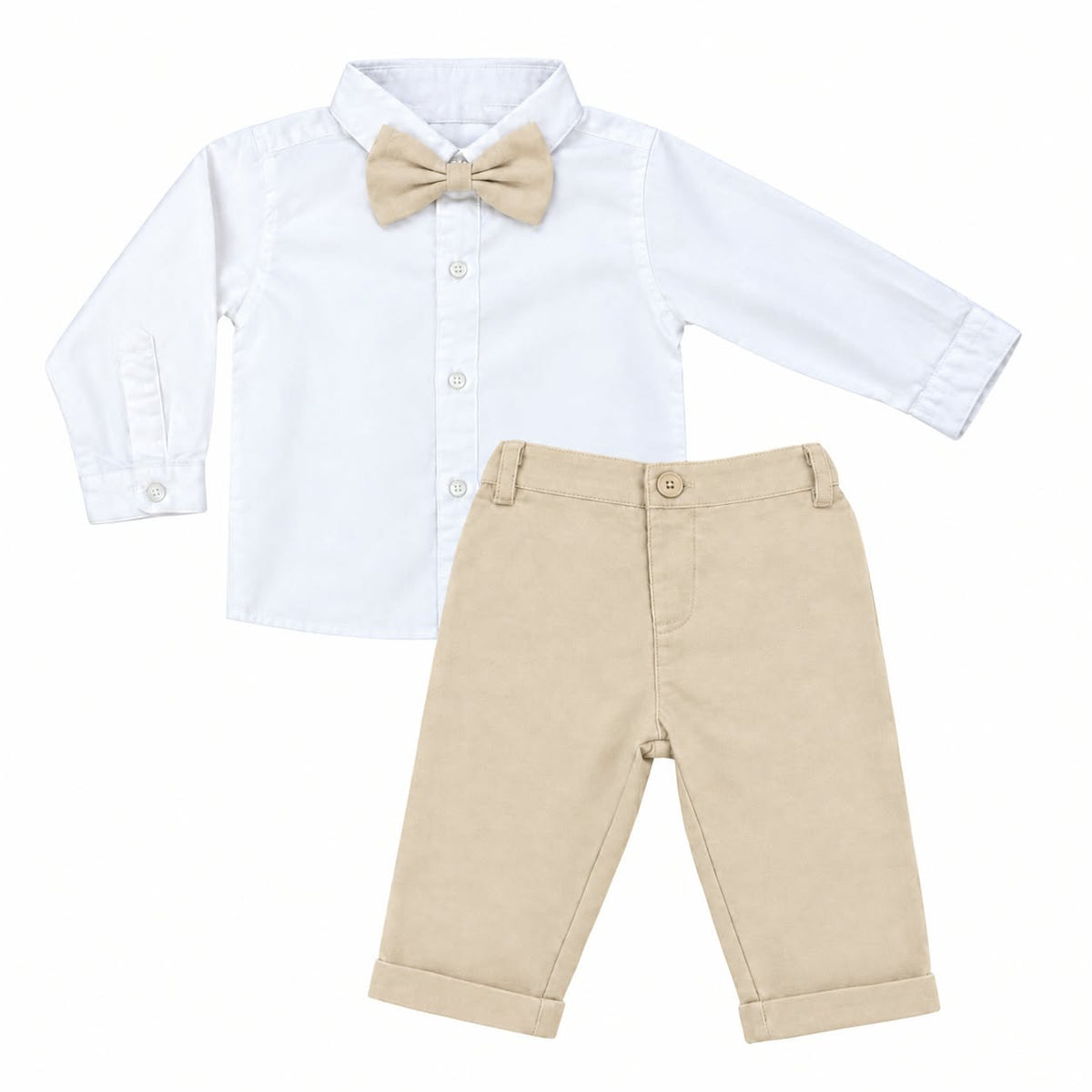 White Long Sleeve Shirt & Beige Pant with Bow