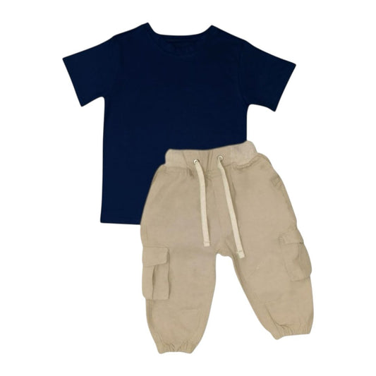 Cargo Jogger Pant with T Shirt - Beige & Dark Blue