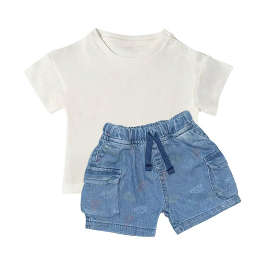 Off White Drop Shoulder T Shirt with Denim Short