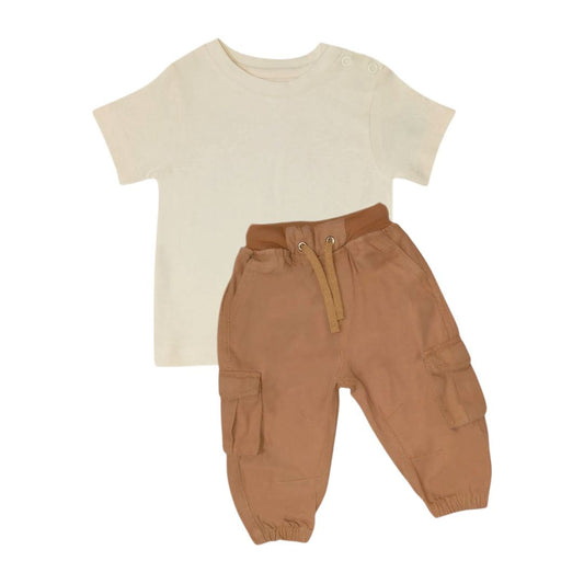 Cargo Jogger Pant with T Shirt - Brown & Cream